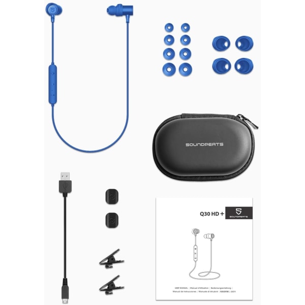 Q30 HD+ Bluetooth-kuulokkeet, langattomat 5.2 magneettiset nappikuulokkeet, IPX5-hienkestävä, urheilukuulokkeet mikrofonilla, 10 mm ajurit, aptX-HD, 12 tuntia Blue