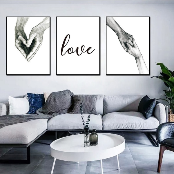 Hånd i hånd og kærlighed vægkunst lærredsplakat, enkel mode sort og hvid