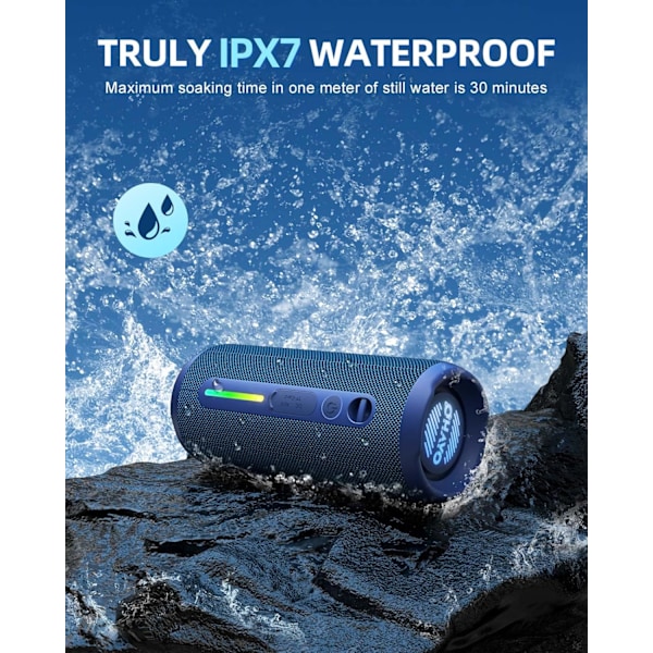Bärbar Bluetooth-högtalare - IPX7 Vattentät, Trådlös Stereoparning, 25 timmars speltid, 24W Högt ljud, Bluetooth 5.3, Basförstärkning, Blue