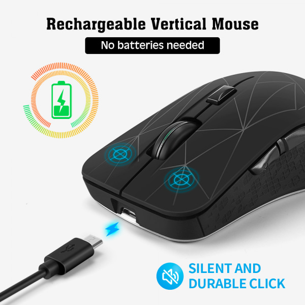 Trådlös mus, 2,4G trådlös mus 6 knappar uppladdningsbar Mo