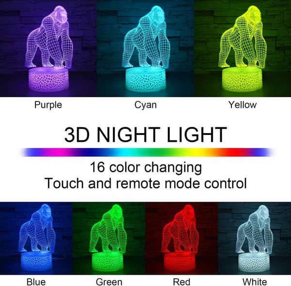 Gorilla 3D Illusjon Nattlys - i-CHONY 16 Farger Endring
