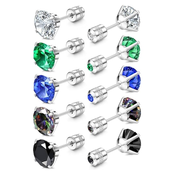 STEEL 5 Par Titan Skruv Bak Kirurgiskt Rostfritt Stål Örhängen för Kvinnor Män, Regnbåge 5A Cubic Zirconia Sova Hypoallergen Silver Round CZ
