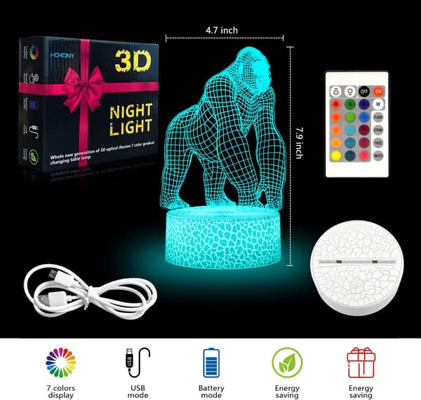 Gorilla 3D Illusjon Nattlys - i-CHONY 16 Farger Endring