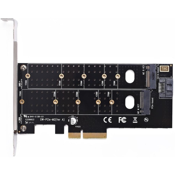 Kaksois M.2 PCIe -sovitin, M2 SSD NVME (m-avain) tai SATA (b-avain) 22110 2280 2260 2242 2230 PCI-e 3.0 x 4 -isäntakortin laajennuskortti matalalla profiililla