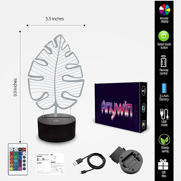 Monstera Blad Nattlampa, Anywin 3D LED Nattlampor med