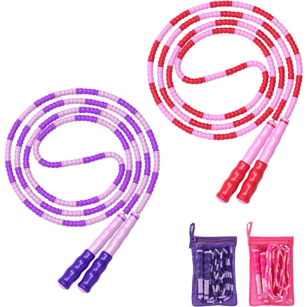 Hopprep, justerbar längd trasselfri segmenterad mjuk pärlad hopprep, fitnesshopprep för barn, män och kvinnor viktminskning 9,2 fot Pink Purple
