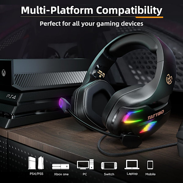 Gaming Headset för PC PS5 PS4 XboxOne, Gaming Headphone med 50mm Drivrutiner 3D Surroundljud, Brusreducerande Mikrofon, Mjuka Minnesöronkåpor & 4 Lägen RGB
