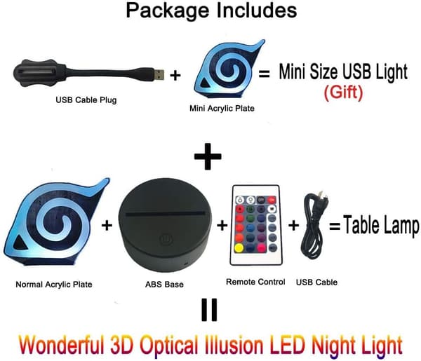 3D LED Natlampe Naruto Konoha Logo Farverig Natlampe fo