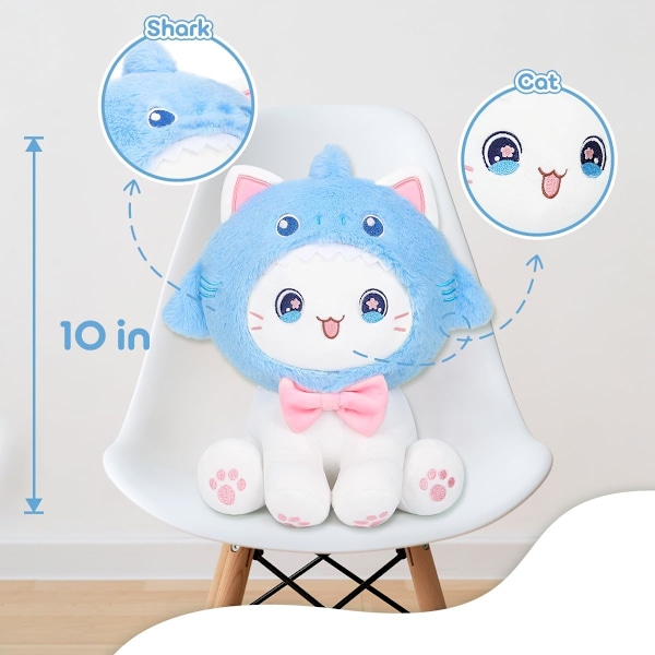 Söt Hajkatt Plyschleksak 10\" Kawaii Kattunge Fylld Djur, Katthaj Plushie Kudde Present till Barn Shark Cat