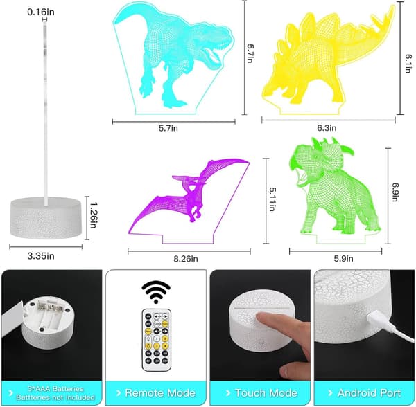 3D Dinosaur Nattlampe for Gutterom, 4-Mønstre og Tidsinnstilling
