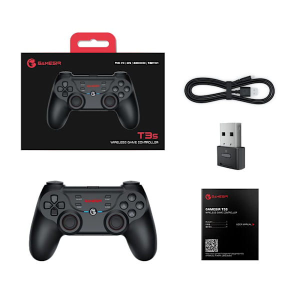 T3s trådlös spelkontroll, PC-kontroll för Windows 7/8/10/11/Android/iPhone/Switch, spelkontroll joystick med dubbla vibrationer, Bluetooth Ga GaneSir T3s（Black）