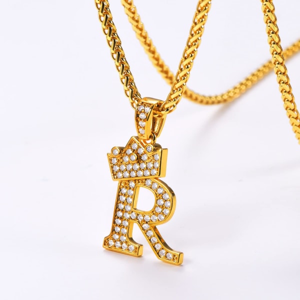 Krona Initial A-Z Halsband, Iced Out Letter Hänge med 22-24 Tums Kedja, Män Kvinnor Bling Hip Hop Alfabet Namn Smycken Present Stora Initialer Halsband R 18K Gold