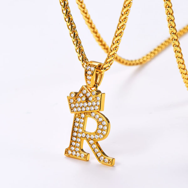 Krone Initial A-Z Halskæde, Iced Out Bogstav Vedhæng med 22-24 Tommer Kæde, Mænd Kvinder Bling Hip Hop Alfabet Navn Smykker Gave Store Initialer Halskæder R 18K Gold