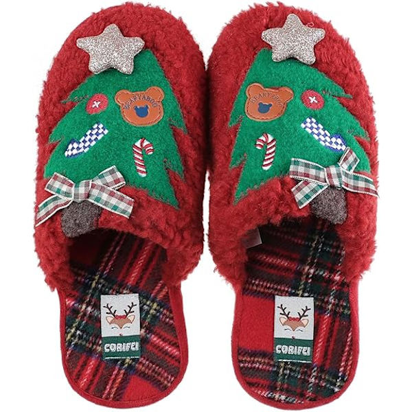 Jultomtestofflor för kvinnor med bågstöd Minnesskum Hushållsskor för damer med gummisula Vinter inomhus tofflor Julgran broderad Red 39/40