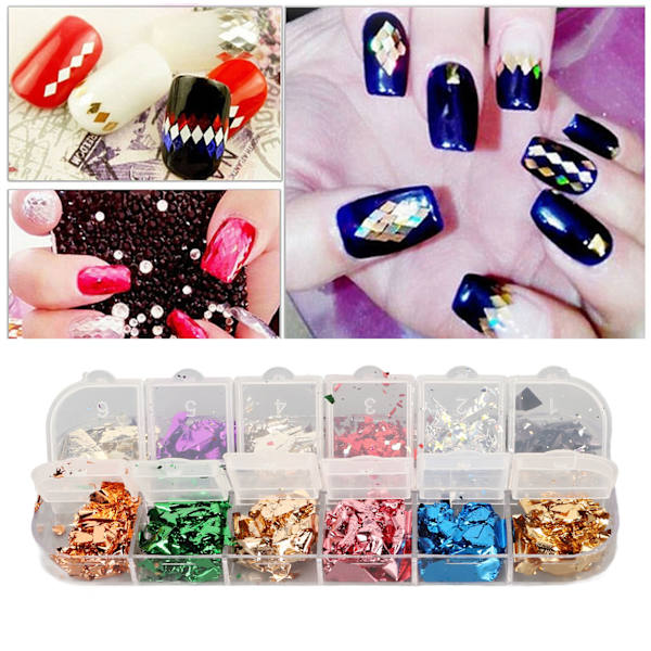 5 lådor 12 färger nagelfolie flingor paljett set glitter nagelkonst tabletter DIY manikyr dekoration