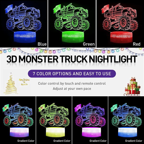 Monster Truck Nattlampa 3D LED Illusionslampa 7 Färgväxlande med Fjärrkontroll Dimbar Rum Dekoration för Pojkar Barn Barnbarn Födelsedag Julgåvor