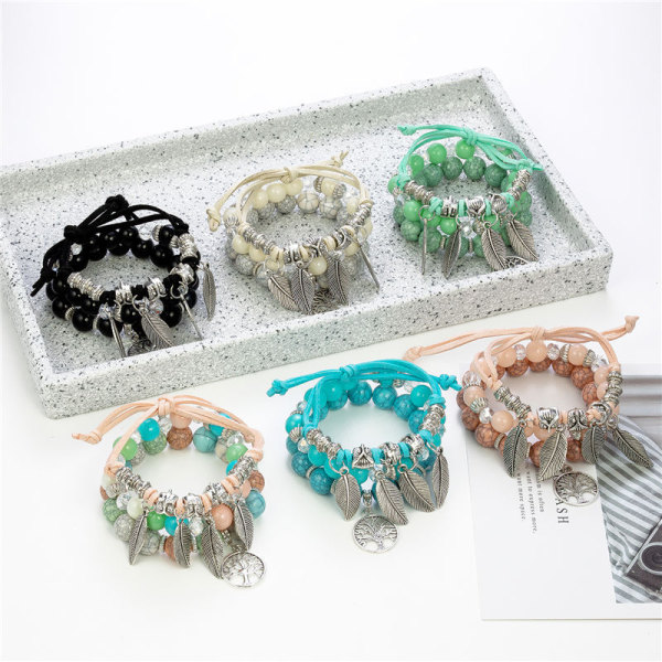 6 Set Bohemian Armband, Kristallpärlarmband, Fjäder Pe