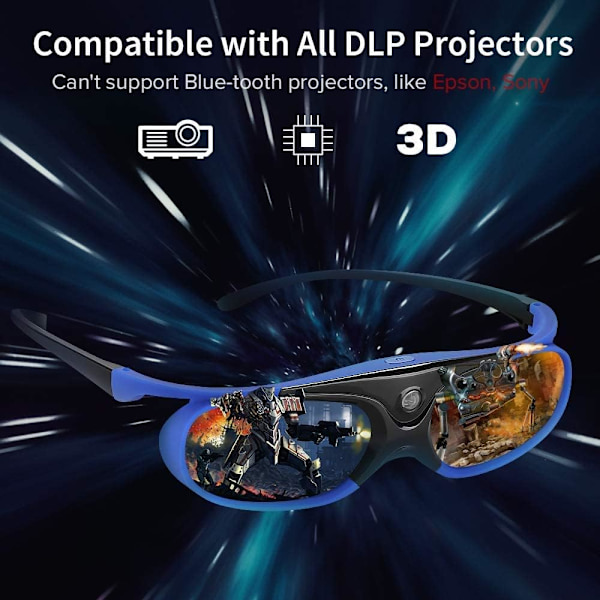 DLP 3D-briller, 144Hz genopladelige 3D Active Shutter-briller til alle DLP-Link 3D-projektorer, kan ikke bruges til tv'er Blue 2 pcs