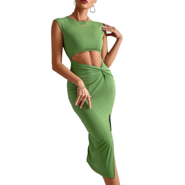 Sideslids ærmeløs strikket udskæring tanktop kjole (grøn XL)