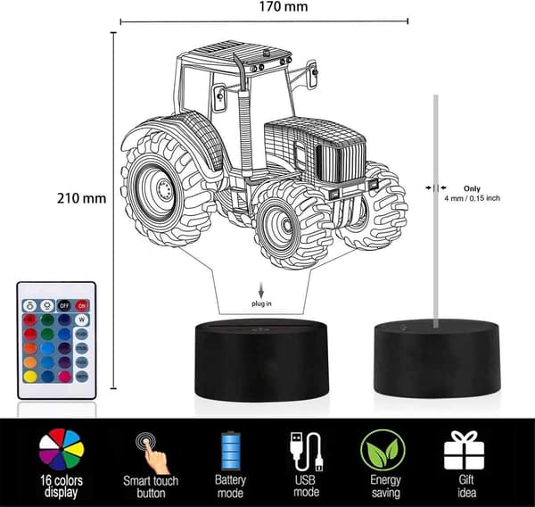 Traktor 3D Illusion Natlampe, 16 Farveskift Dæmpbar