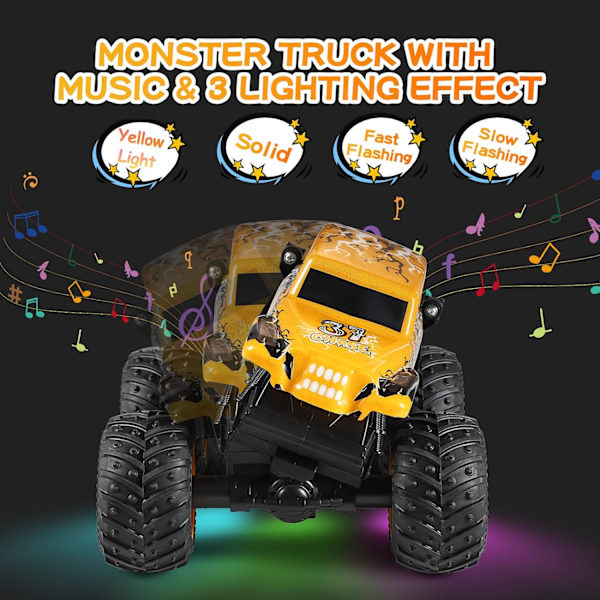 Fjärrkontrollbil, 2,4 GHz terränggående monstertruckleksaker, RC-lastbil med musik, 3 ljuseffekter, 360 stuntförmåga, leksakspresenter till pojkar och flickor Yellow