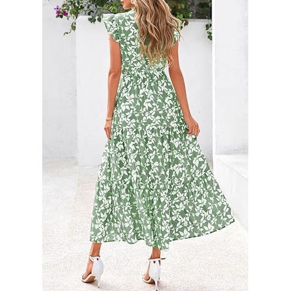 Dame 2025 Sommer Blomstret Midi Kjole Korte Ærmer V-Hals Flæse Lang Flydende Boho Afslappet Strand Ferie Kjoler M