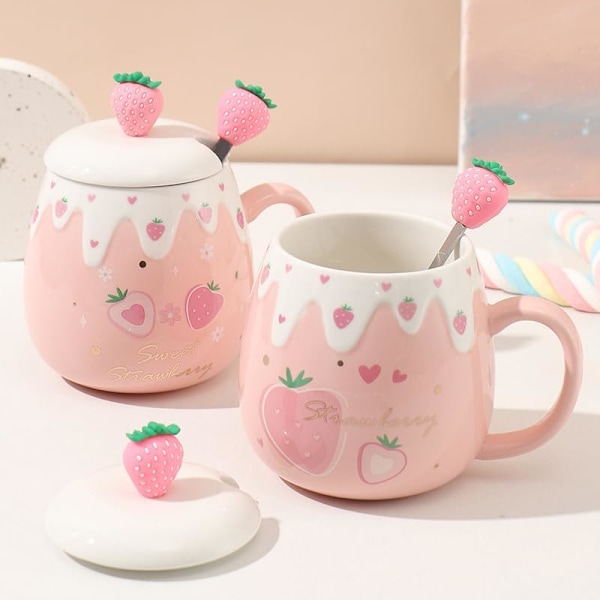 Vaaleanpunainen Muki, Söötti Mansikka Kuppi Kansi, Lusikka, Keramiikka Kahvimuki, Kawaii Kuppi Teelle Maidolle, Naiset Tytöt Opiskelija Korean Tyyli 450ML Joulu Syntymäpäivälahja type A