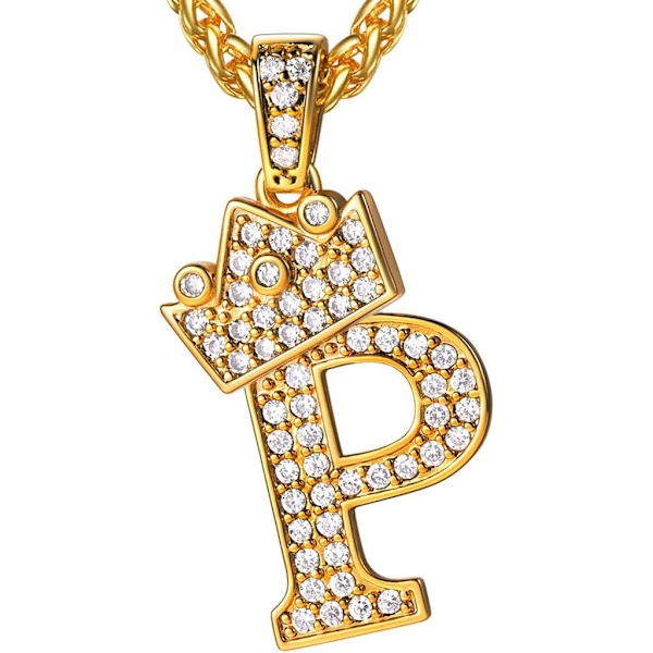 Krone Initial A-Z Halskæde, Iced Out Bogstav Vedhæng med 22-24 Tommer Kæde, Mænd Kvinder Bling Hip Hop Alfabet Navn Smykker Gave Store Initialer Halskæder P 18K Gold