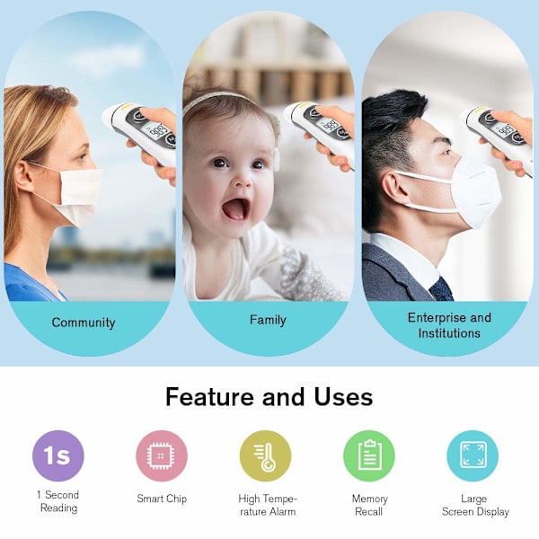 Termometer til voksne, berøringsfrit digitalt infrarødt termometer til feber, øre- og pandetermometer til baby og børn, med LCD-skærm