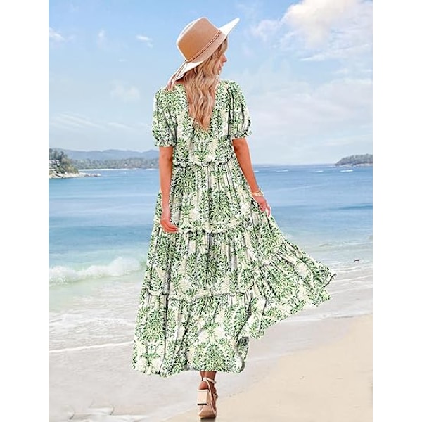 Sommer Casual Bohemske Blomsterkjoler for Kvinner Puff Korte Ermer Lang Maxikjole med Lommer L