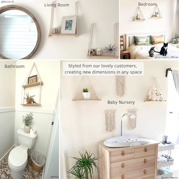 Riippuvat hyllyt seinälle kelluvat hyllyt, Macrame-köysi kolmiohylly, luonnonvaloinen kierrätetty puu, Boho-asuntolan olohuoneen makuuhuoneen sisustus 2 pcs