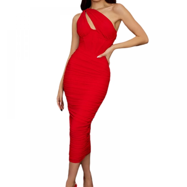Dress Sexy Oblique Shoulder Hollow Wrap Hip Dress(Red L)