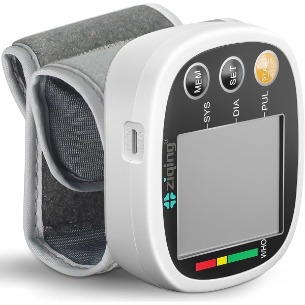 Blodtryksapparat til håndleddet - Blodtryksmåler med USB-genopladelig LCD-pulsmåler til hjemmebrug med 2x99 sæt hukommelse til uregelmæssig hjerterytme