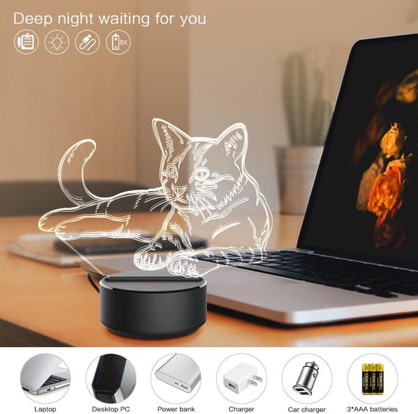 3D Natlampe Kæledyr Kat 3D Lampe Optisk Illusion Natlamper
