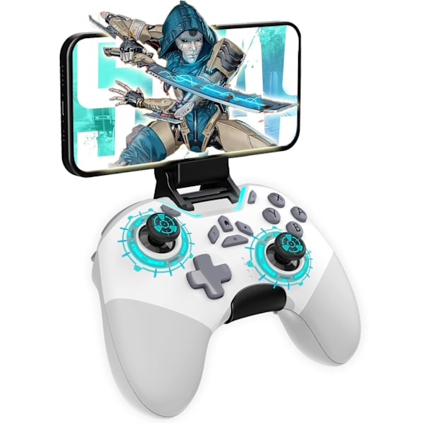 Bluetooth-kontroller för Switch/PC/iPhone/Android/Apple Arcade MFi-spel/TV/Steam, Pro trådlös spelkontroll fjärrkontroll Gamepad med telefonklämma med L White
