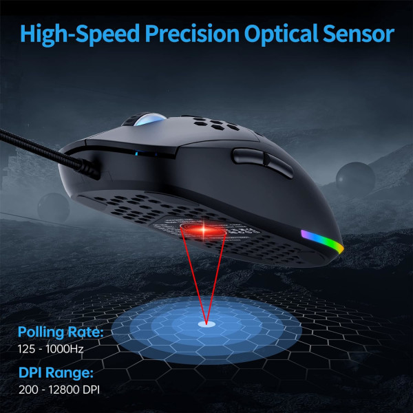 Falcon M1SE Ultralätt Honungskaka Gamingmus, Högprecision 12800DPI Optisk Sensor, 6 Programmerbara Knappar, RGB-belysning, Ingen Dragsladd, Sladdbunden black