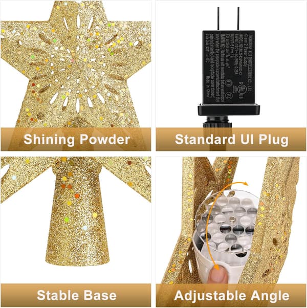 3D Glitter Juletrestjerne Topp - 6 LED Roterende Projiserte Mønstre, Belyst Julepynt og Gave til Fester Gold