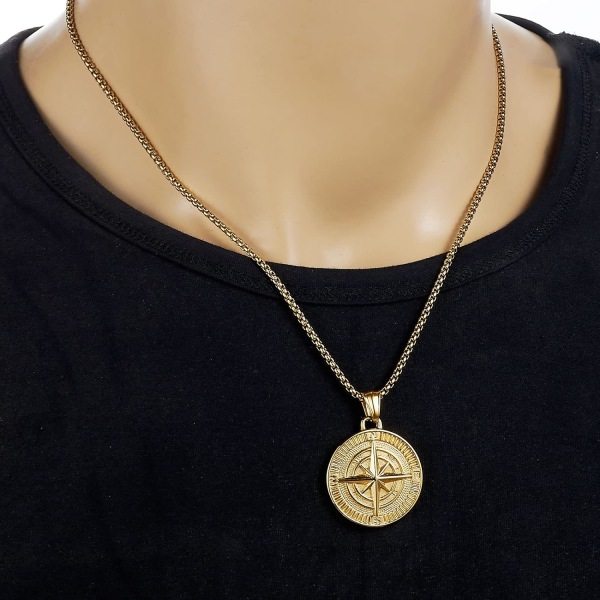 Halsband med kompasshänge för män i rostfritt stål, Navigator, smidd för herr Silver