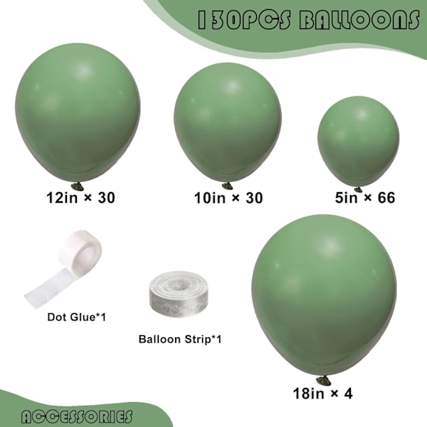130 stk. salviegrønne balloner i forskellige størrelser 18\" 12\" 10\" 5\" ballonbue guirlande sæt perfekt til fødselsdagsfest, dimission, babyshower, bryllup, Holi Sage Green