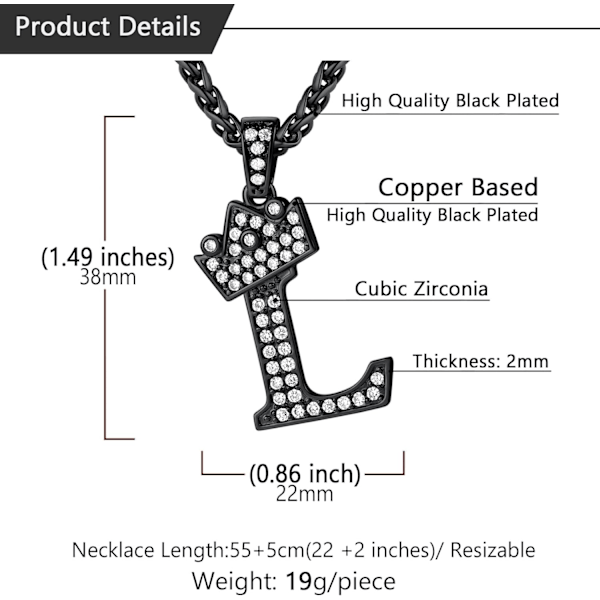 Krone Initial A-Z Halskjede, Iced Out Bokstavanheng med 22-24 Tommers Kjede, Menn Kvinner Bling Hip Hop Alfabet Navn Smykker Gave Store Initialer Halskjeder L Black