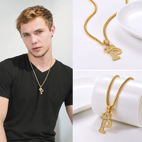 Krone Initial A-Z Halskæde, Iced Out Bogstav Vedhæng med 22-24 Tommer Kæde, Mænd Kvinder Bling Hip Hop Alfabet Navn Smykker Gave Store Initialer Halskæder P 18K Gold