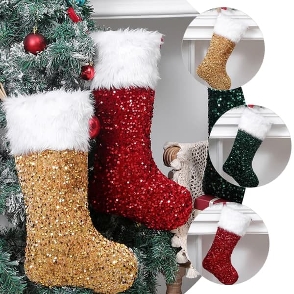 3-pack traditionella julstrumpor, paljetthängande prydnader för öppen spis, trappa, julgran, heminredning