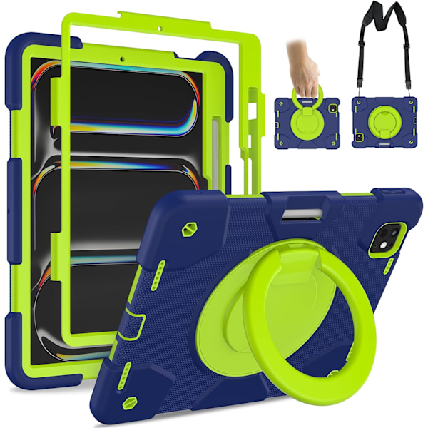 Kotelo iPad Pro 11 tuuman kotelolle 2024 (M4) 5. sukupolvi, kestävä iskunkestävä suojus 360° kääntyvällä kahvalla/jalustalla/kynätelineellä/Sh Navy Green iPad pro11 2024