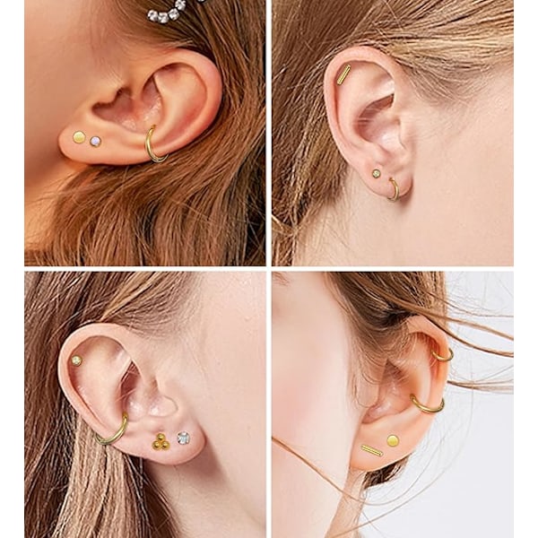 Kirurgiskt stål örhängen för kvinnor män 20 Gauge Hoop Stud Örhängen Set för flera piercingar CZ Boll Nap Örhängen Platt Baksida Hypoallergena Golden