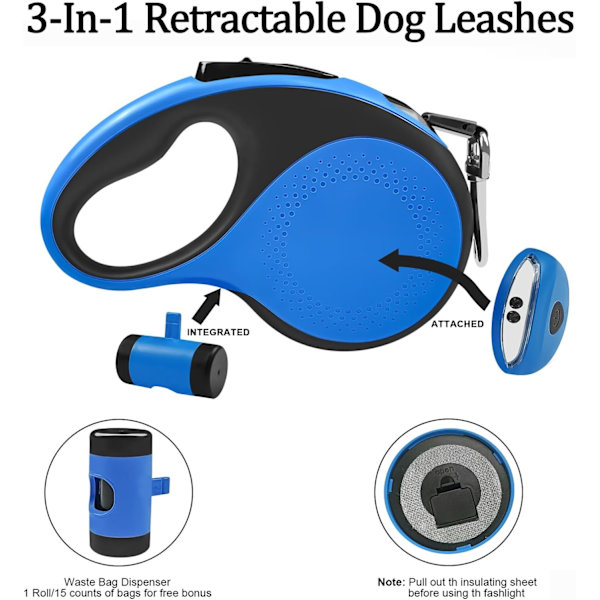 Inntrekkbar hundekobbel med avfallsposebeholder og lommelykt, 26 fot hundekobbel for små, mellomstore og store hunder opptil 110 pund, en knappbryter og lås, 3 26ft blue Large