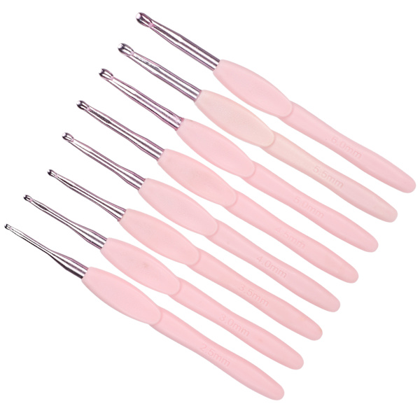 8 st ergonomisk virknålsset stickningsverktyg tröja nål mjukt rosa handtag aluminium TPR
