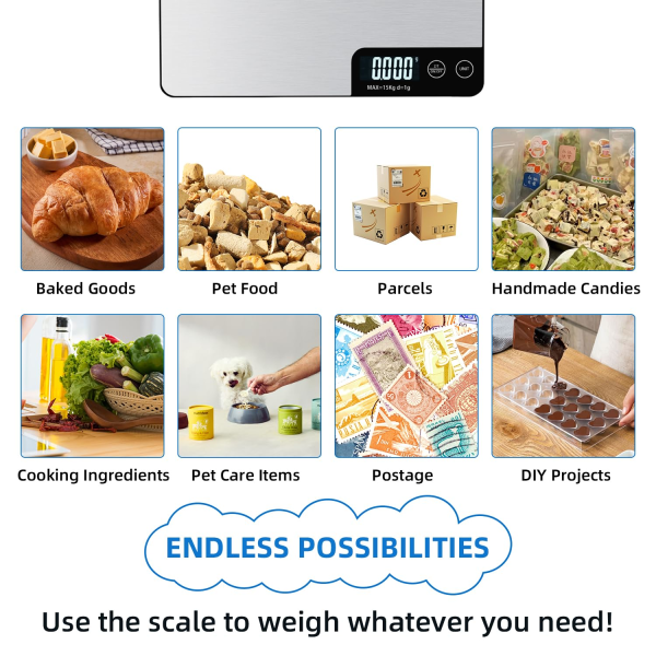 Matvåg 33lb/15Kg Digital Köksskala för Mat Uns och Gram Matlagning Bakning, 1g/0.1oz Exakt Gradering, USB Laddningsbar, 5 Viktenheter, T