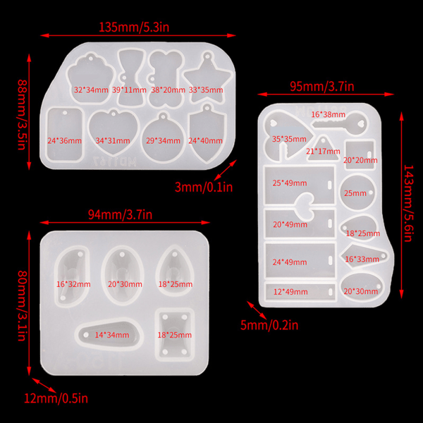 3 st smycken gjutformar, lätta att ta bort, rengöra, förvara, god elasticitet, rivbeständighet, hängen med hål
