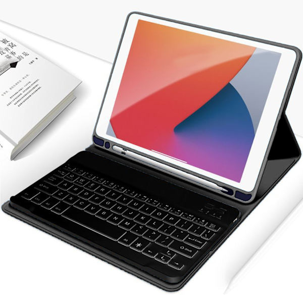 Tangentbord för surfplatta, magnetiska genvägsknappar, stativ, pennhållare, exakt fodral, trådlöst tangentbord för IOS-surfplatta 10,2 tum, svart fodral och svart tangentbord