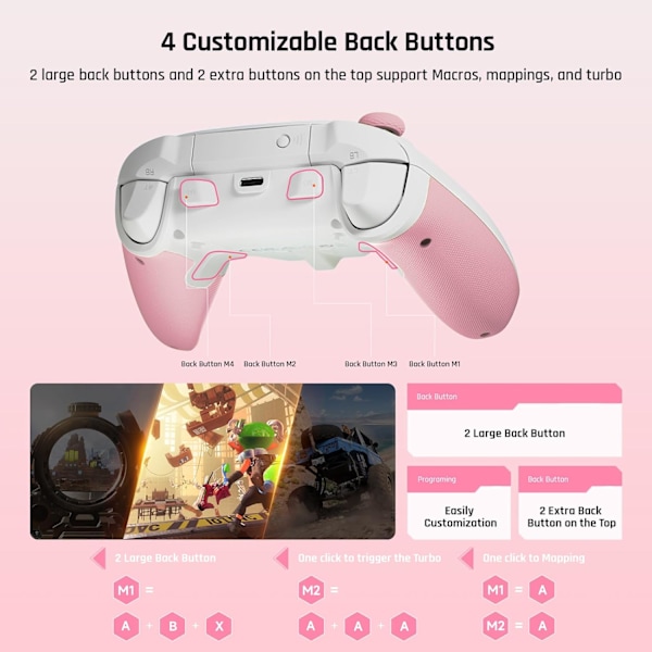 Trådløs Controller, BIGBIG WON Rainbow 2 SE, Hall Effect Trigger, 12-bit ADC, 3 Sæt Joysticks, 4-vejs & 8-vejs D-pad Controller til Switch/PC/Android/iOS Pink